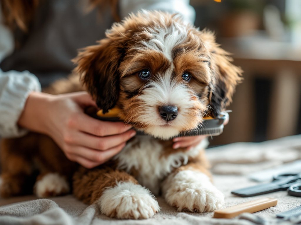 Bernedoodle puppy being gently brushed during grooming